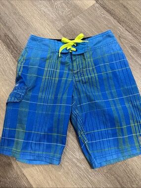 Under Armour Boys Blue Plaid Swim Trunks with Yellow Drawstring